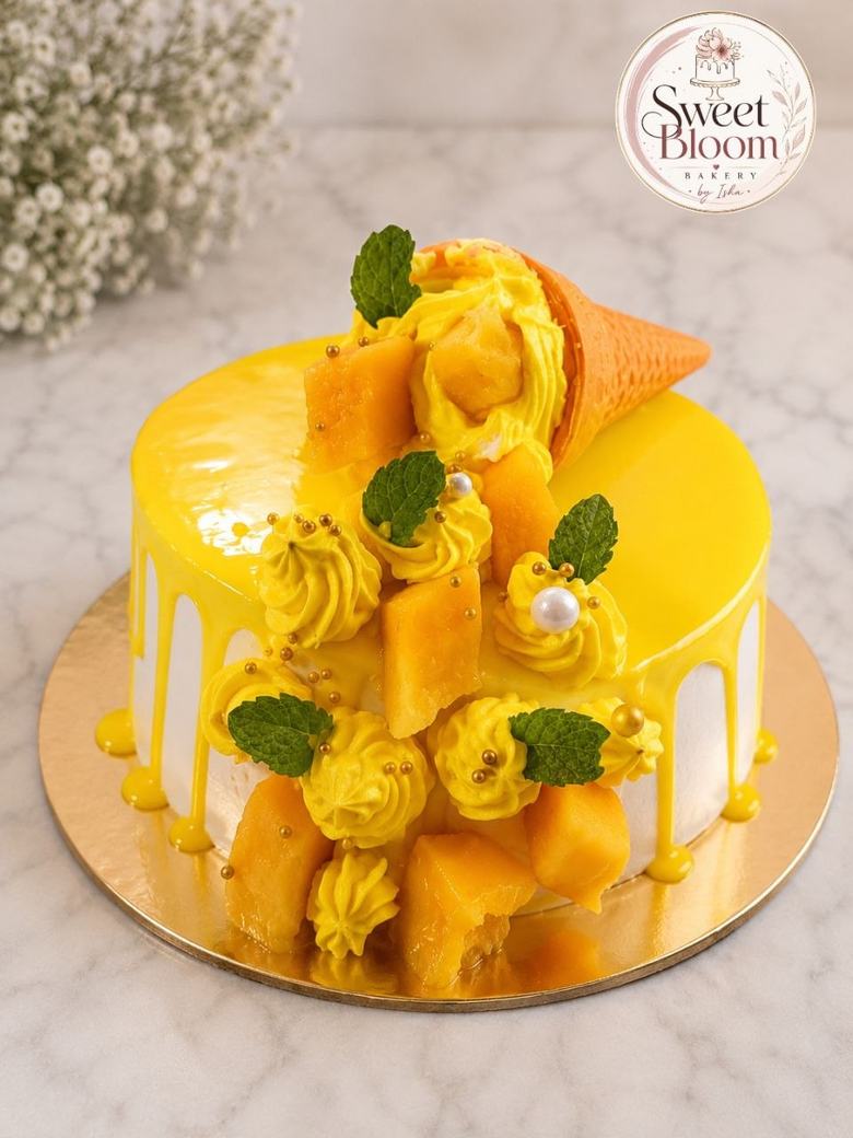 Mango drip cake with a waffle cone and fresh mango — Asansol