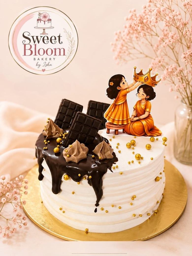 Chocolate drip cake with a mother-daughter crown topper — Asansol