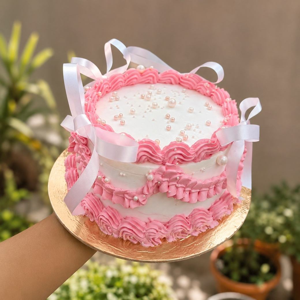 Pink ruffled bento cake with satin bows and pearls — Asansol