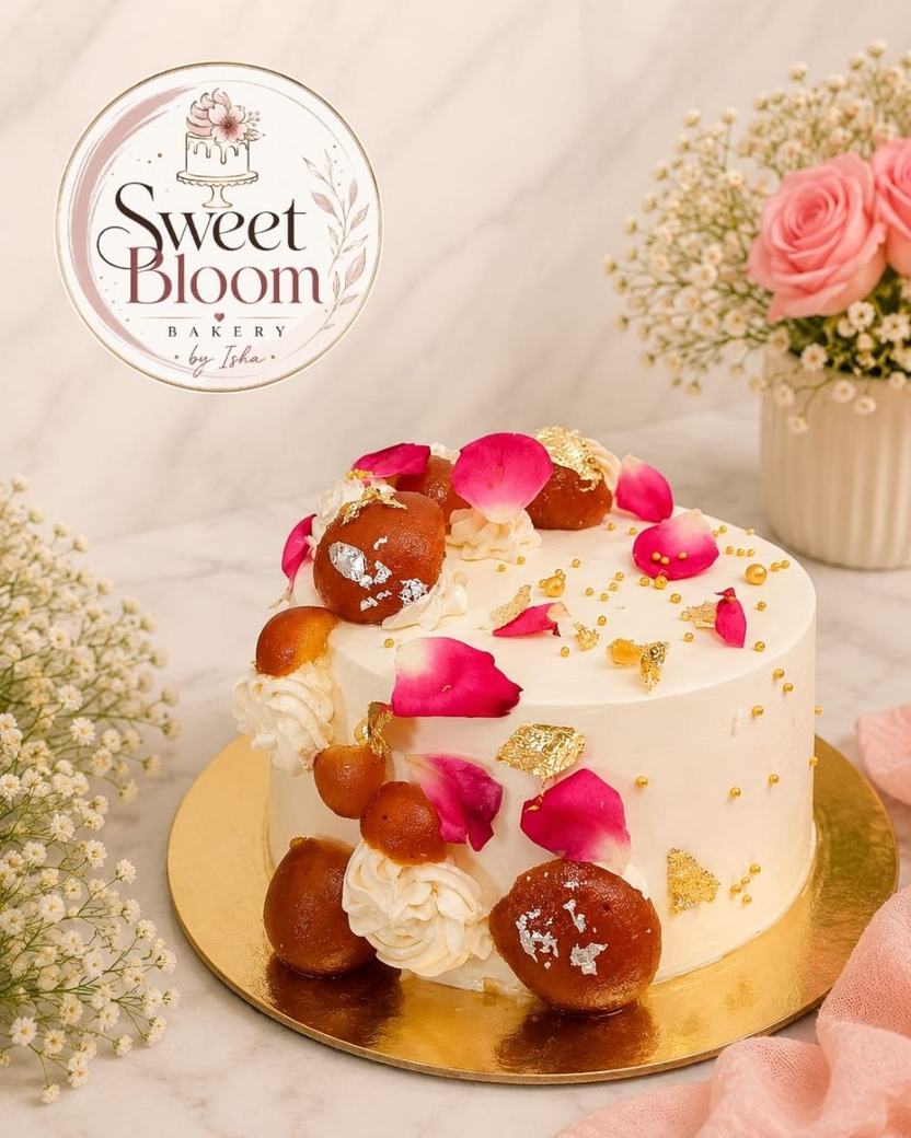 Gulab jamun fusion cake with rose petals and gold leaf — Asansol