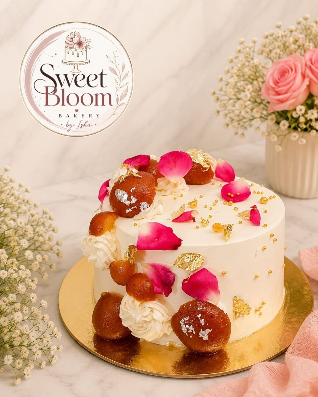 Gulab jamun fusion cake with rose petals, gold leaf and fresh flowers, eggless — Sweet Bloom Bakery, Asansol